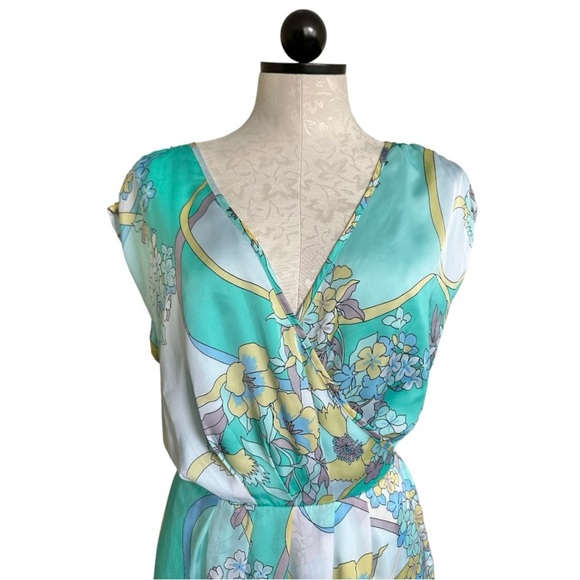 Jennifer Lopez JLO Surplice Faux Wrap Floral Dress Aqua Sleeveless  Size 1X - Picture 2 of 11